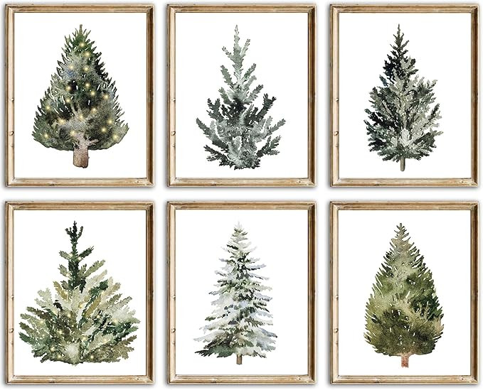 Watercolor Christmas Tree Wall Art Prints – Holiday Botanical Posters with Green Pine & Fir Tre... | Amazon (US)