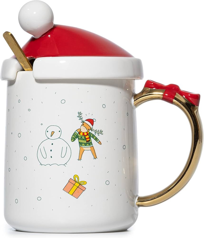 Christmas Mug Santa and Deer Red Lid with Gold Spoon - Cute Coffee & Tea Milk Cup - Holiday Festi... | Amazon (US)