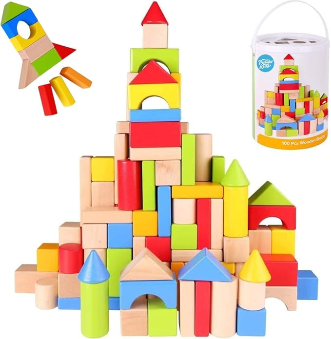 Pidoko Kids Building Blocks for Toddlers 1-3, 100 Pcs Wooden Blocks - Includes Storage Bucket and... | Amazon (US)
