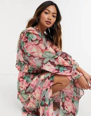 Lost Ink maxi dress with tiered skirt and high neck in vintage floral | ASOS (Global)