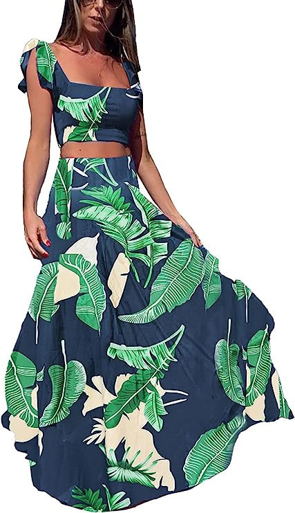 Vakkest Womens Summer Sexy 2 Pieces Outfits Ruffle Floral Tank Top Wrap Boho Tropical Long Skirt ... | Amazon (US)