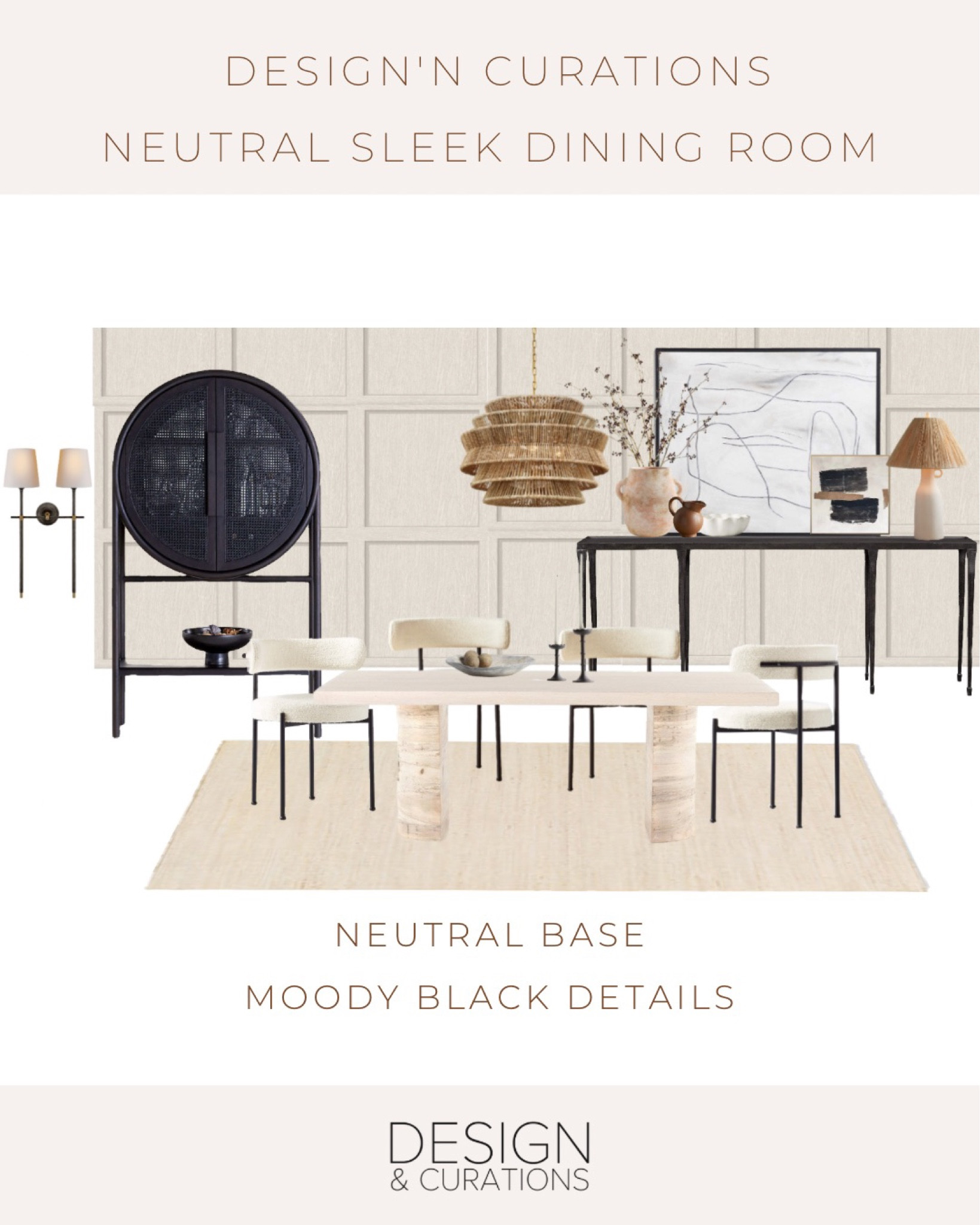 Neutral Sleek, dining room decor, home decor, earthy design, oak dining table, boucle dining chairs, black bar cabinet, chic decor. 

#LTKhome