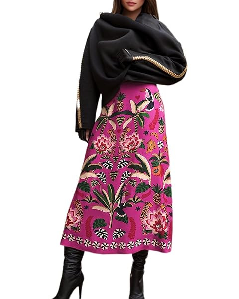 THLAI Womens Skirt Midi Skirt Tropical Plant Print Pink Zipper A-Line Long Skirts Spring Summer S... | Amazon (US)