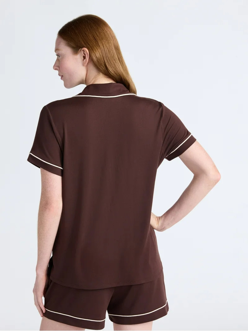 Joyspun Women’s Dreamy Soft Collection Notch Collar Knit Top and Boxer Shorts Pajama Set, Sizes... | Walmart (US)