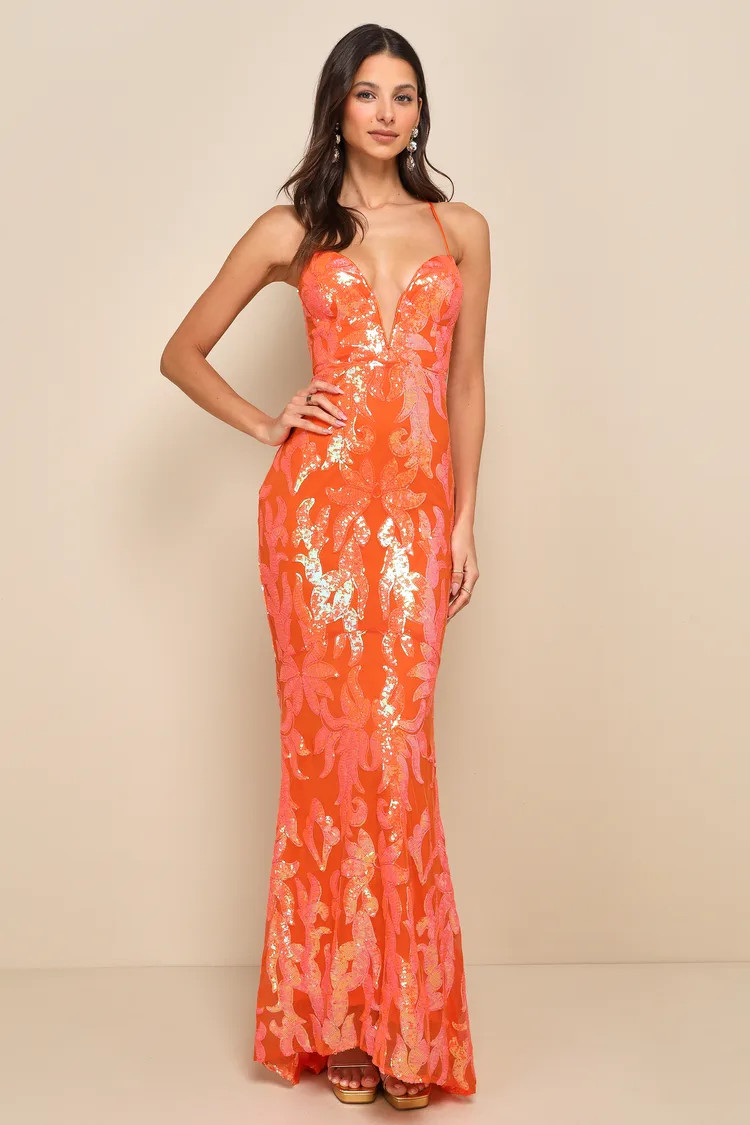 Glittering Sensation Orange Iridescent Sequin Lace-Up Maxi Dress | Lulus
