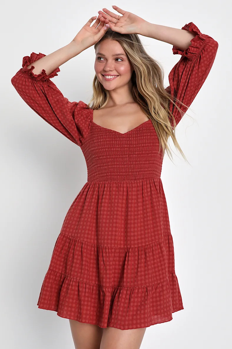 Charming Afternoon Rust Red Gingham Balloon Sleeve Mini Dress | Lulus (US)