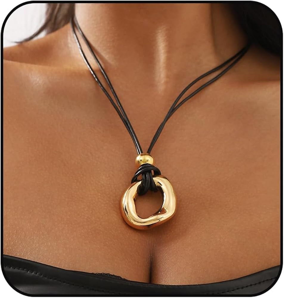 Boho Black Long Leather Necklace Gold Geometry Pendant Necklace Gothic Vintage Adjustable Cord Ne... | Amazon (US)