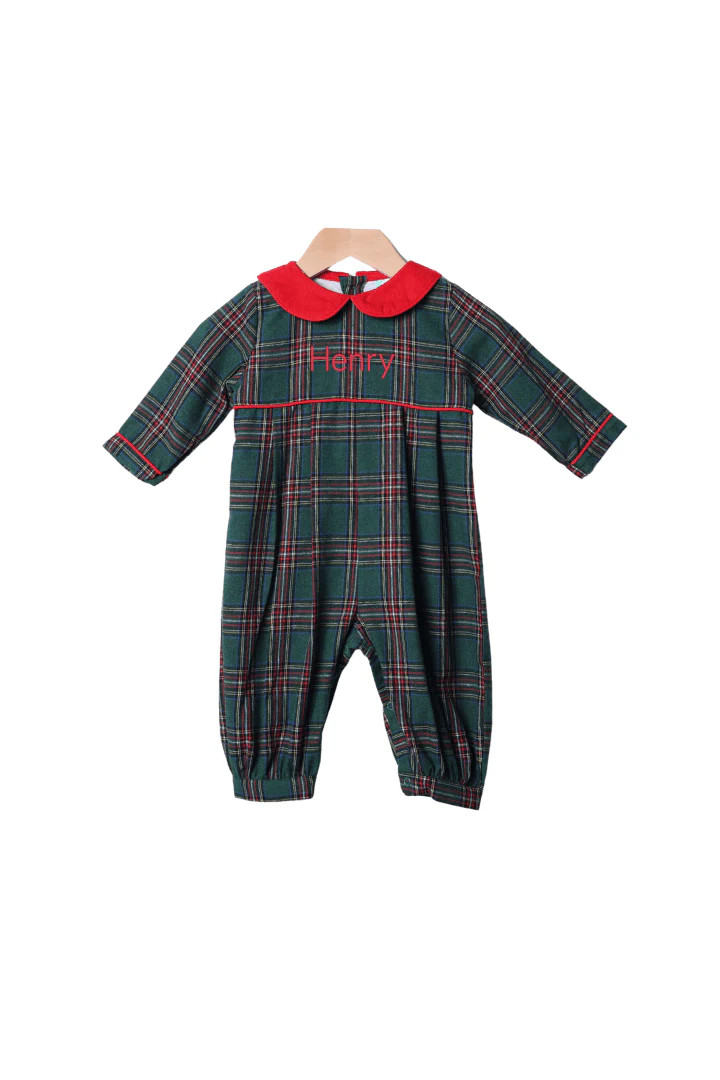 Tartan Plaid/Red Corduroy Romper | The Smocked Flamingo