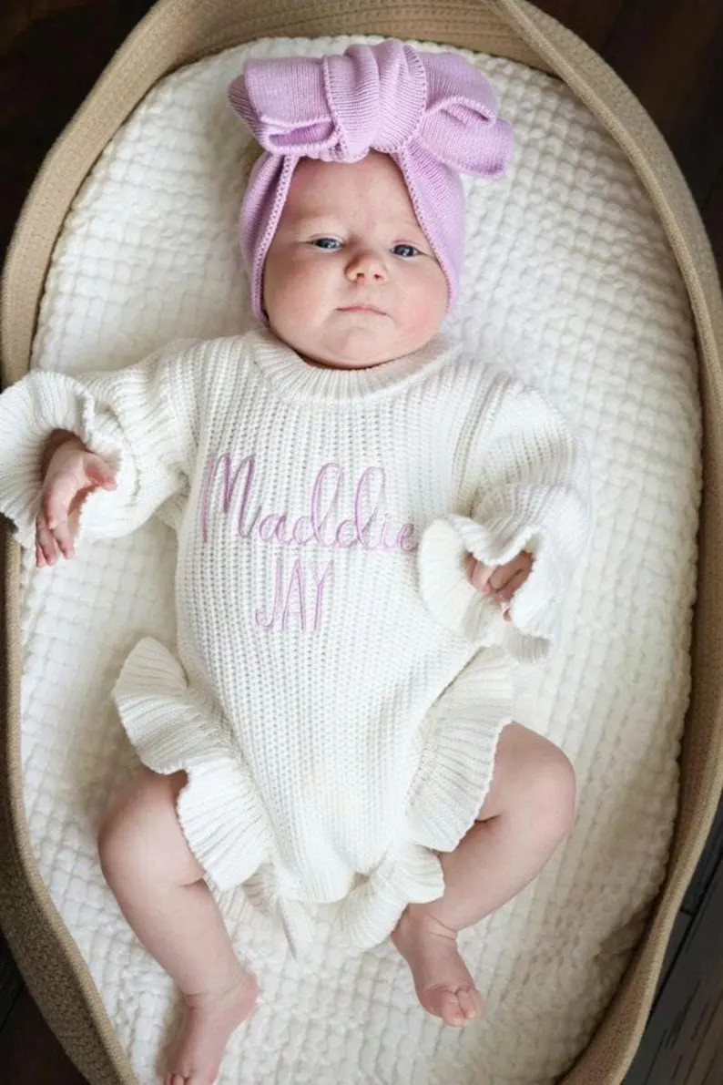 Embroidered Ruffle Romper, Birth Announcement for Baby Girl, Knit Embroidered Romper, 100% Cotton... | Etsy (US)