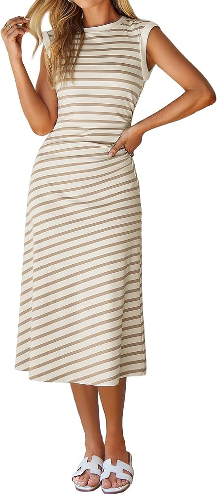 Glamaker Women Summer Tshirt Midi Dress Soft A Line Cap Sleeve Casual Sun Dress for Work Beach Va... | Amazon (US)