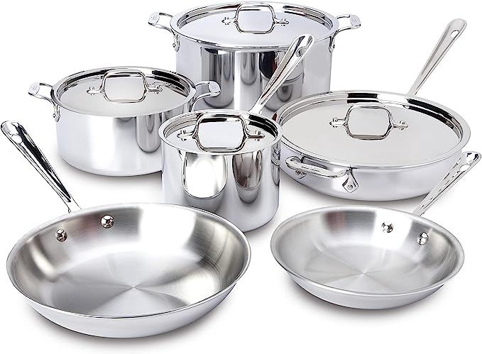 All-Clad 401877R Stainless Steel 3-Ply Bonded Cookware Set, 10-Piece, Silver | Amazon (US)