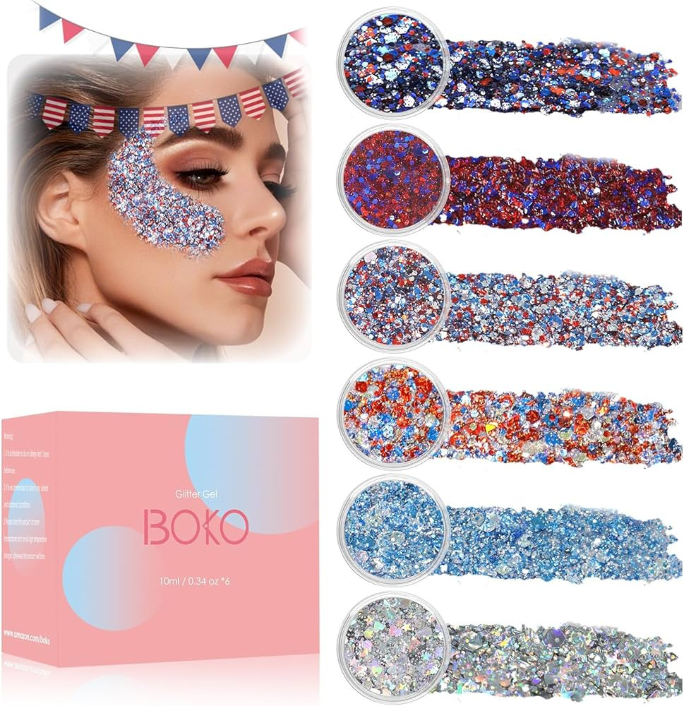 Boko 6pcs Body Glitter Gel, 60ML Total Red White Blue Chunky Glitter for Face Hair Body Pride Mak... | Amazon (US)