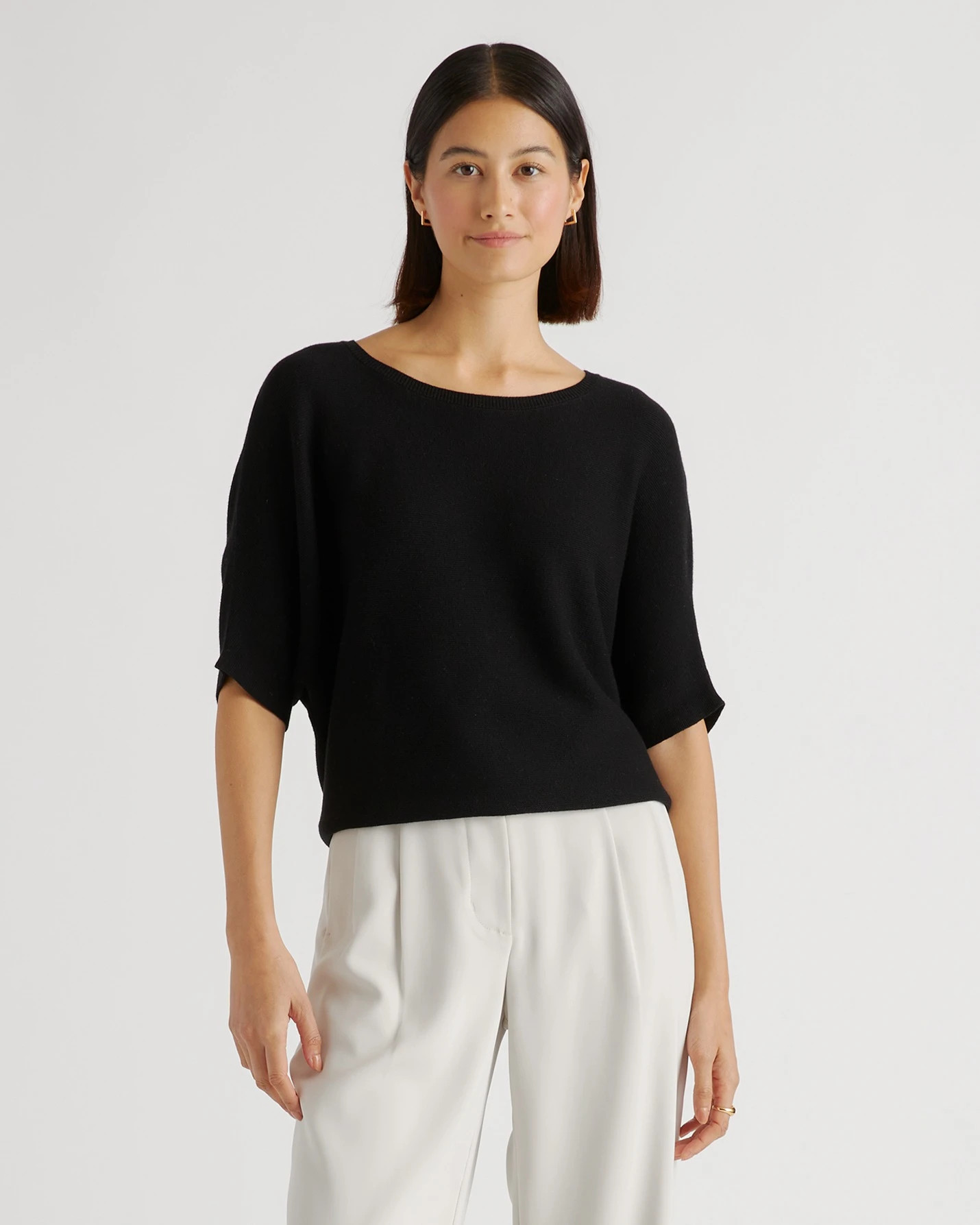 Lightweight Cotton Cashmere Link-Stitch Dolman Sweater  in Black | Quince