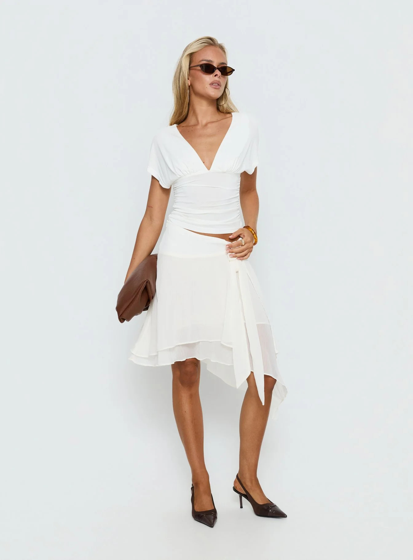 Ophella Tie Waist Chiffon Midi Skirt Cream | Princess Polly US