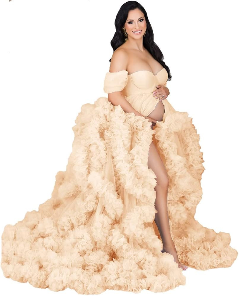 PRESEOSSA Women's Tulle Maternity Gown for Photoshoot Sheer Ruffled Babyshower Bridal Lingerie Ba... | Amazon (US)