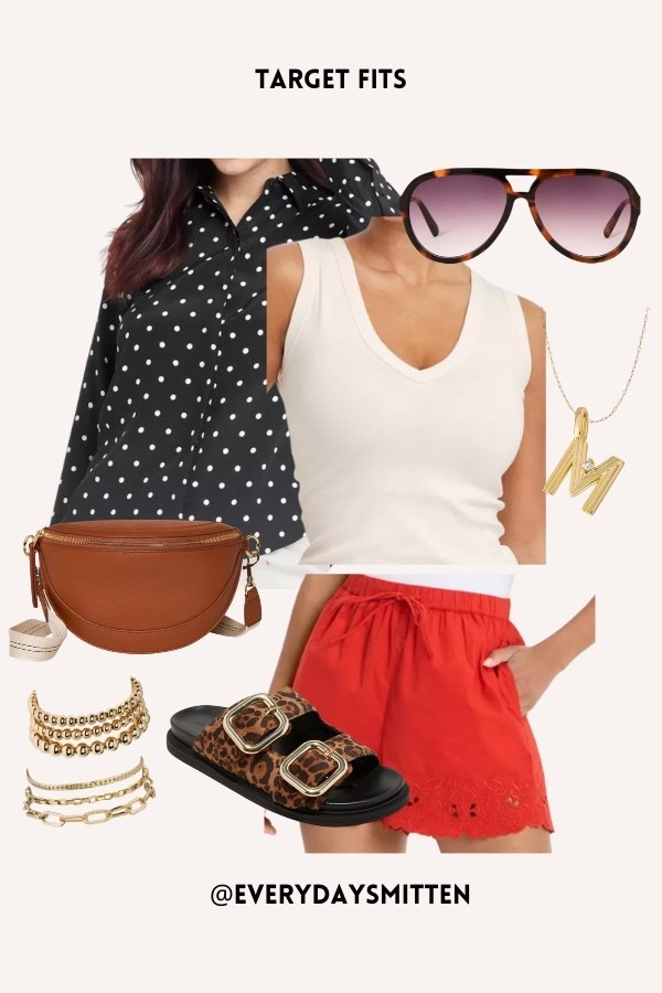 Red eyelet shorts polka dot button down tank top leopard sandals 