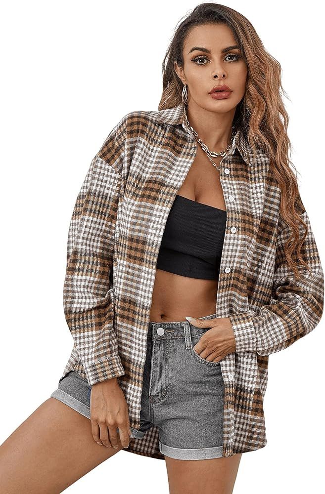 MakeMeChic Women's Plaid Shirts Oversized Flannels Shacket Jacket | Amazon (US)