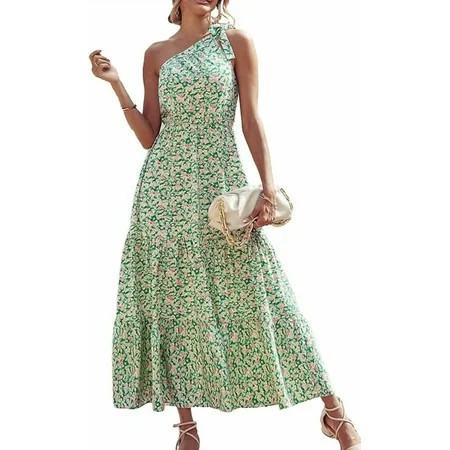 PRETTYGARDEN Women's Summer Floral One Shoulder Maxi Dress Knot Ruffle Boho Beach Vacation Wedding Guest Long Sun Dresses | Walmart (US)
