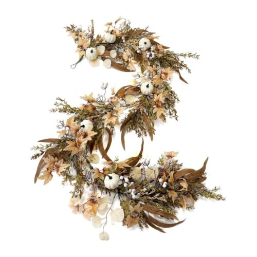Fall Garland, 6FT Artificial Neutral Autumn Garland with White Pumpkins, Eucalyptus, Maple Leaves & Berries, Thanksgiving Harvest Mantle Decor for Farmhouse Home | Amazon (US)