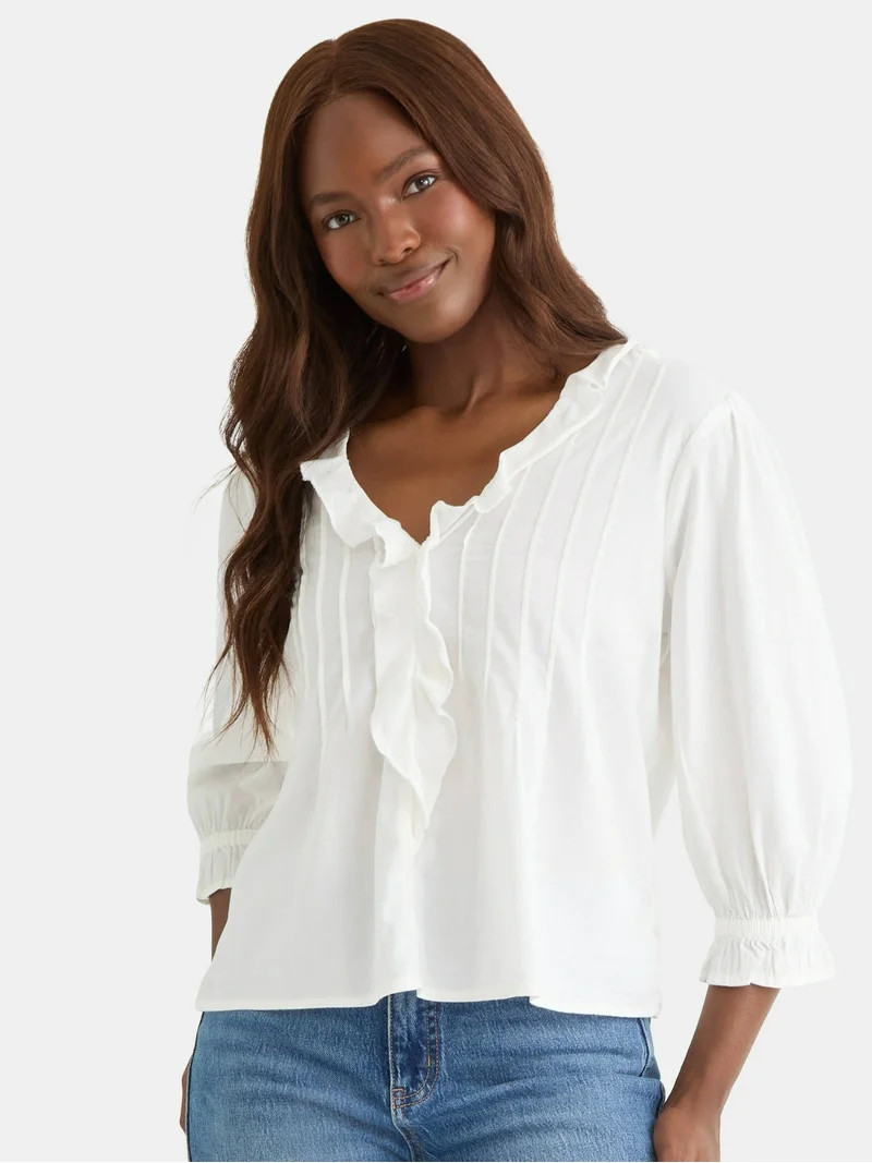 Time and Tru Women's Ruffle Neck Blouse with 3/4-Length Sleeves, Sizes XS-XXXL | Walmart (US)