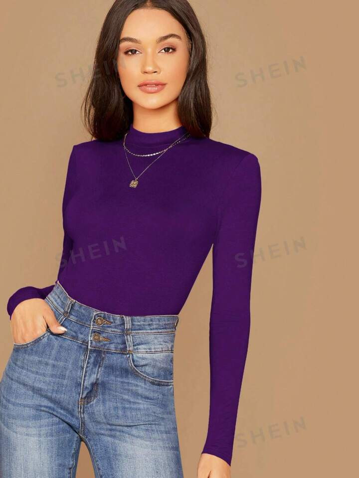 SHEIN Essnce Mock Neck Solid Tee | SHEIN