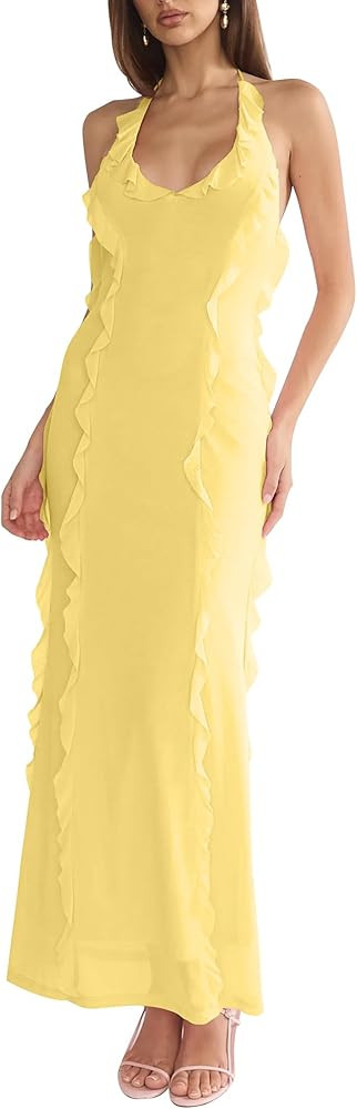 Mokoru Women's Sexy Halter Bodycon Maxi Dress Sleeveless Ruffle Wedding Guest Cocktail Party Long... | Amazon (US)