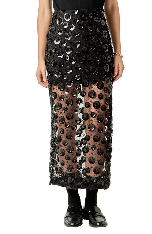 English Factory Flower Sequin Sheer Maxi Skirt in Black at Nordstrom, Size X-Small | Nordstrom
