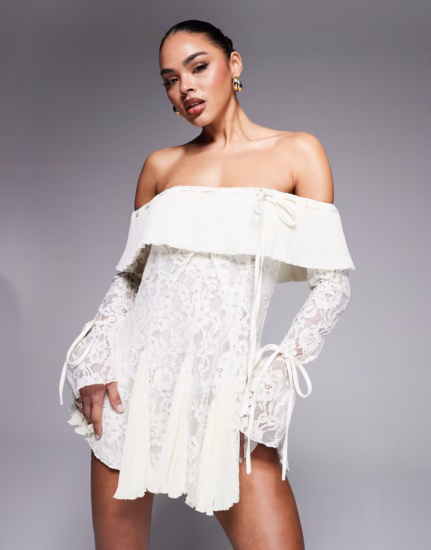 Murci exclusive lace bardot fit and flare godet detail mini dress in cream-White | ASOS (Global)