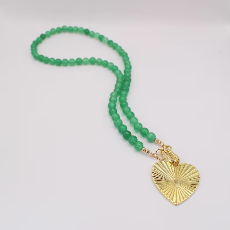 Green Aventurine Gold Heart Necklace, Beaded Gemstone Choker, 18k Gold Filled Charm, Statement Je... | Etsy (US)
