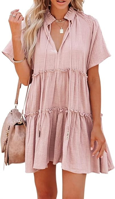 Dellytop Womens Summer Dress Short Sleeve Babydoll Tunic Swing Sundresses     Drawstring, V Neck,... | Amazon (US)