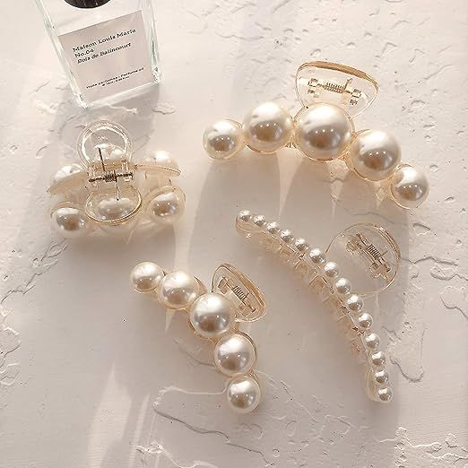 Agirlvct Pearl Hair Clips, 4 Pack Large Hair Clip Strong Hold,Banana Jaw Clips,Big Claw Clip Barr... | Amazon (US)