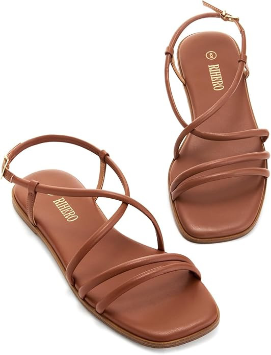 Amazon.com | Rihero Strappy Sandals for Women Dressy Flat Sandals Comfortable Slip On Leather Bro... | Amazon (US)