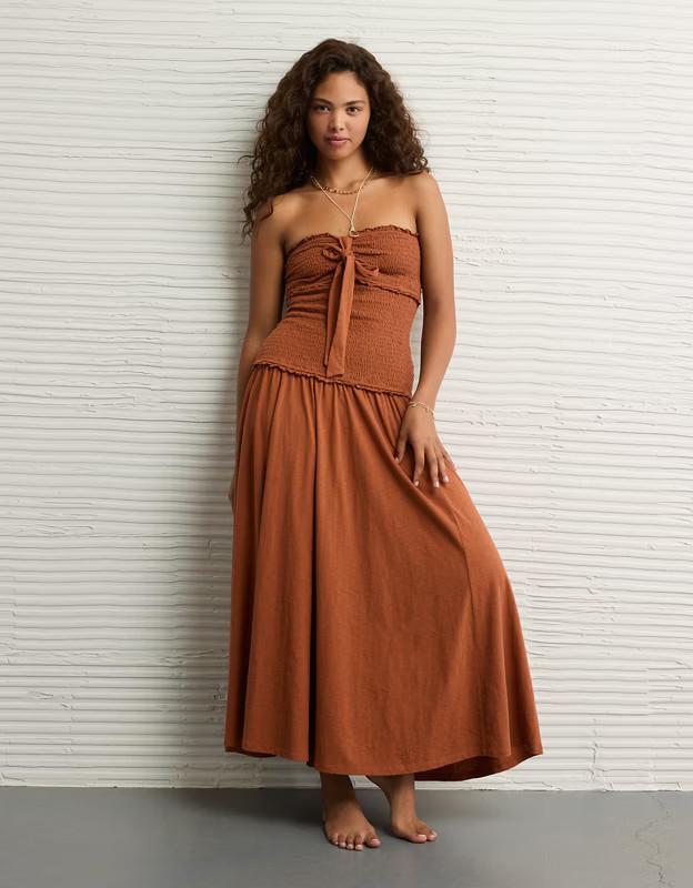 AE Sunchaser Knit Smocked Drop Waist Midi Dress | American Eagle Outfitters (US & CA)