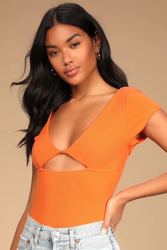 So Sunny Bright Orange Ribbed Cutout Short Sleeve Bodysuit | Lulus (US)