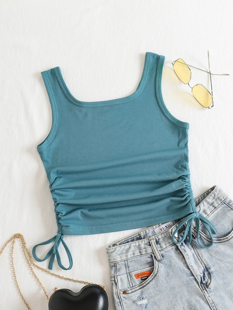 Plain Drawstring Shirred Tank Top | SHEIN