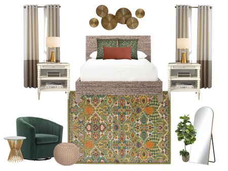 This bedroom inspires and recharges with a boho modern flair. Rattan, oriental rug, swivel accent chair, fiddle tree, knit ottoman, knit, plate wall

#LTKtravel #LTKstyletip #LTKhome
