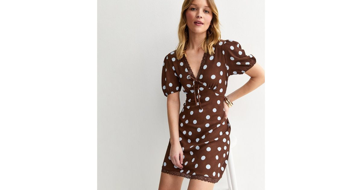 Brown Polka Dot Lace Trim Mini Dress | New Look | New Look (UK)