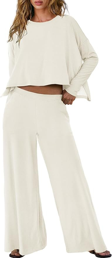 Panadila Womens Oversized Lounge Sets 2 Piece Matching Pajama Sets Long Sleeve Crop Top and Wide ... | Amazon (US)