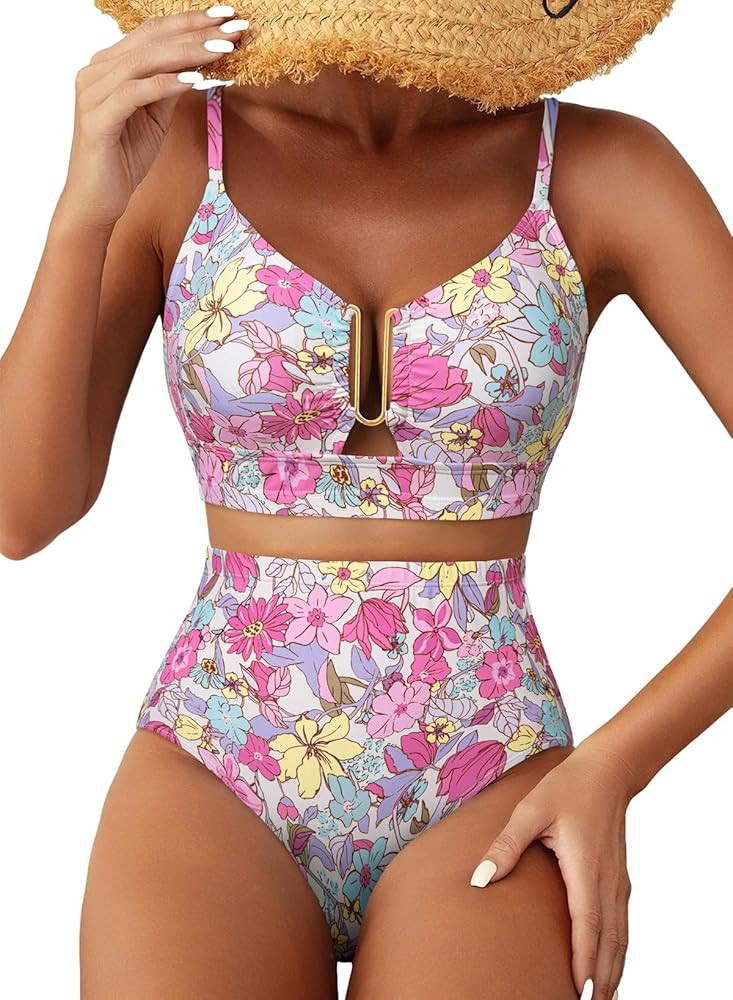 Herseas Womens 2 Piece High Waisted U Wire Bikini Set Floral Print Swimsuit Crisscross Back Bathi... | Amazon (US)