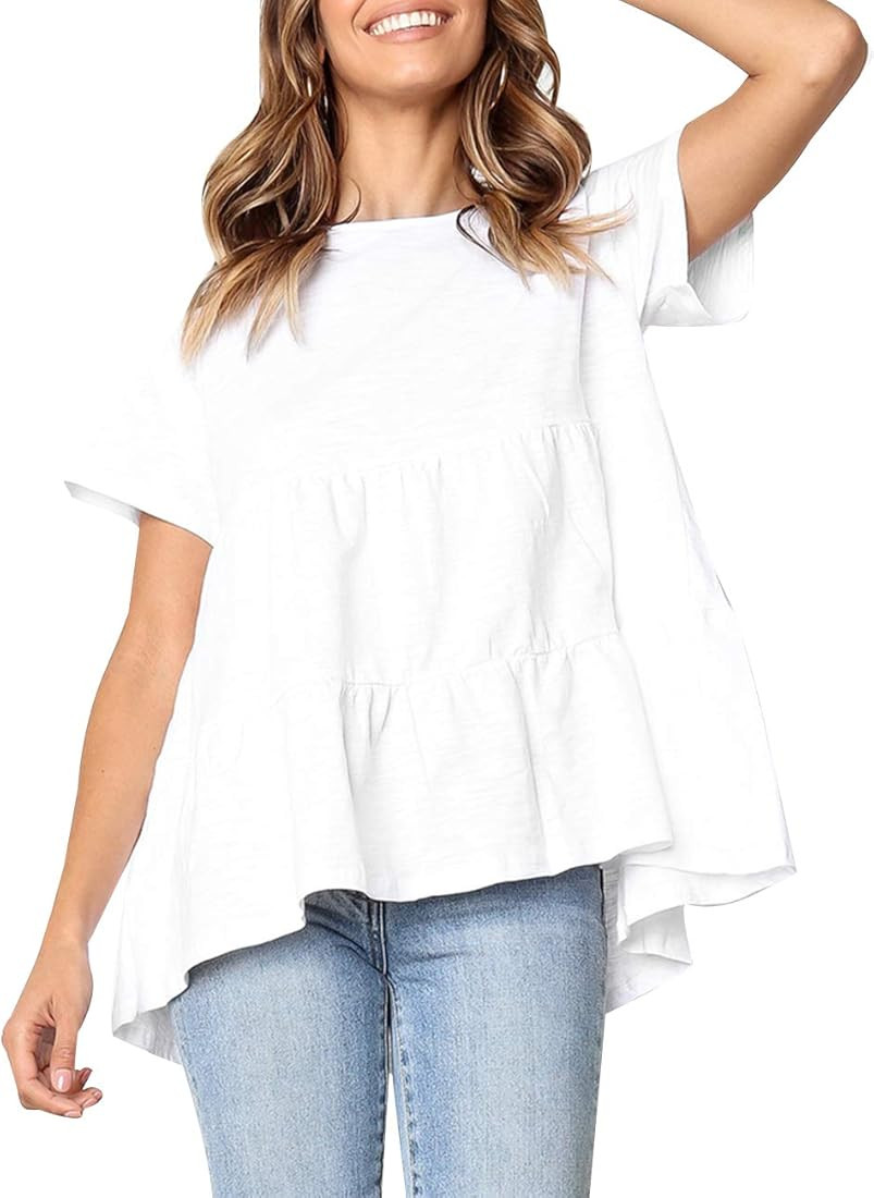 Defal Women's Summer Short Sleeve Loose T Shirt High Low Hem Babydoll Peplum Tops | Amazon (US)