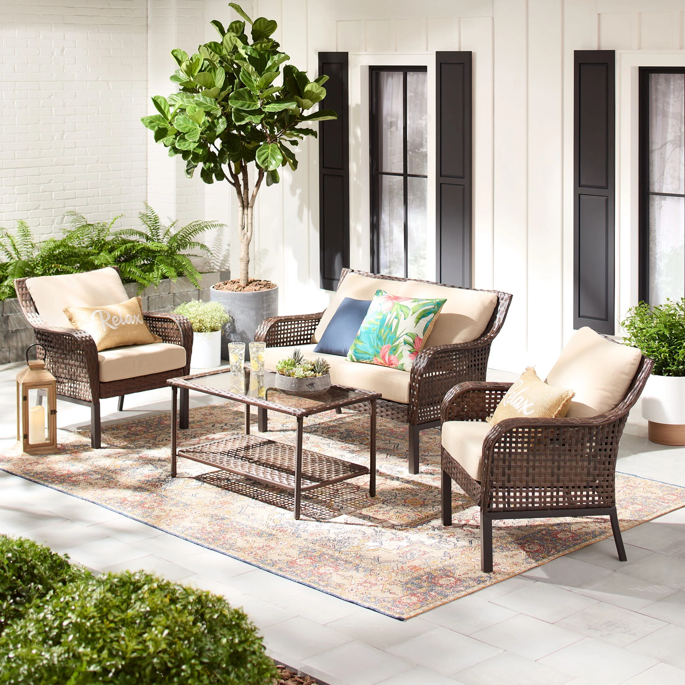 Mainstays Tuscany Ridge 4-Piece Wicker Outdoor Conversation Set, Beige | Walmart (US)