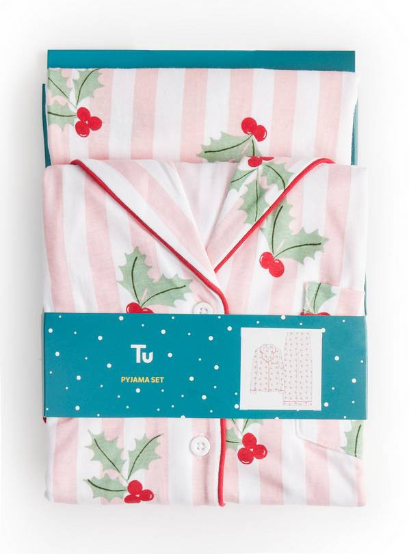 Pink Striped Holly Printed Jersey Pyjamas S | Tu Clothing