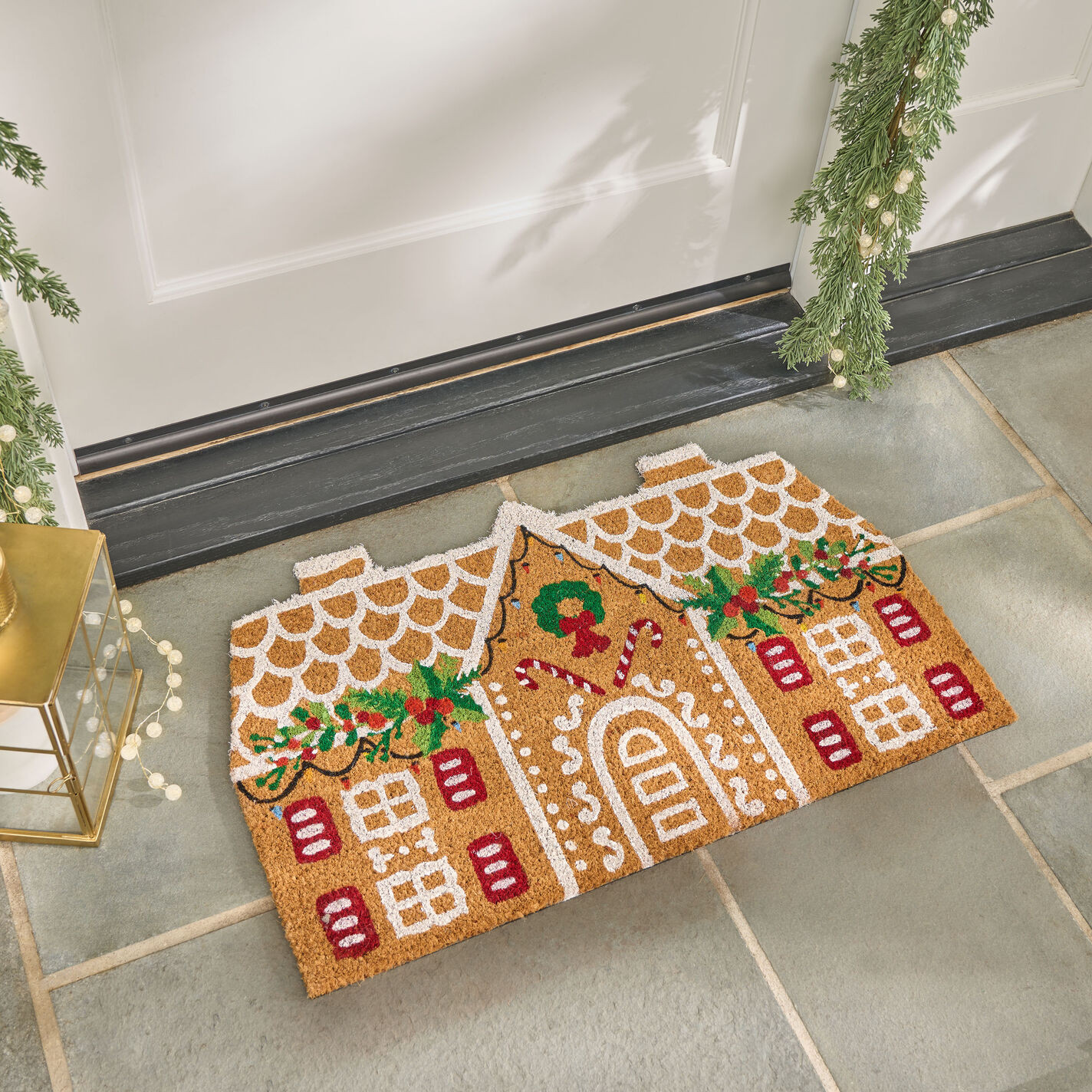 Red and Green Holiday Gingerbread Cottage Coir Doormat | World Market
