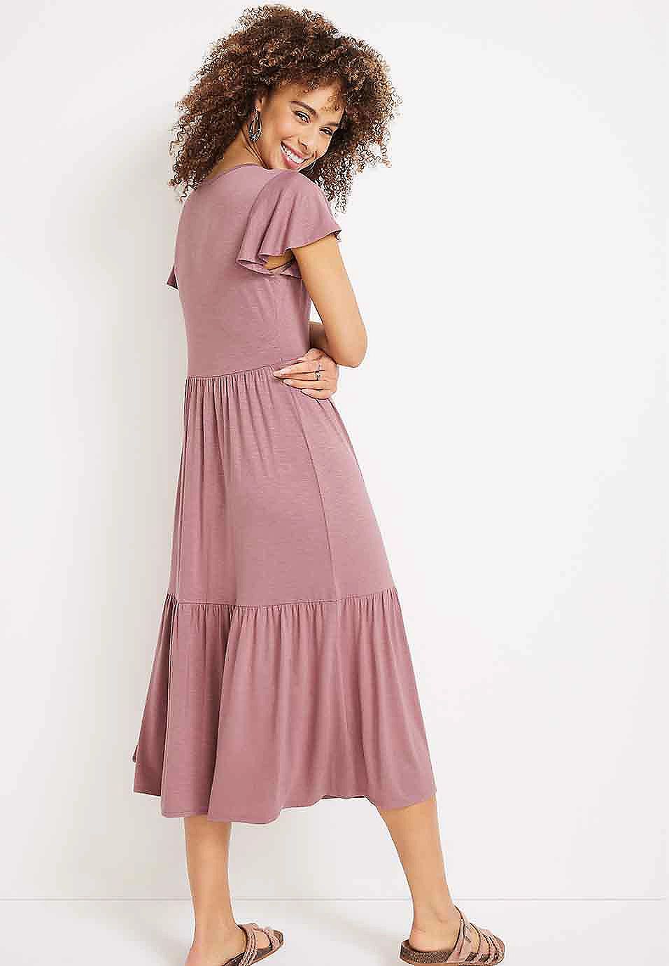 24/7 Solid Flutter Sleeve Tiered Midi Dress | Maurices