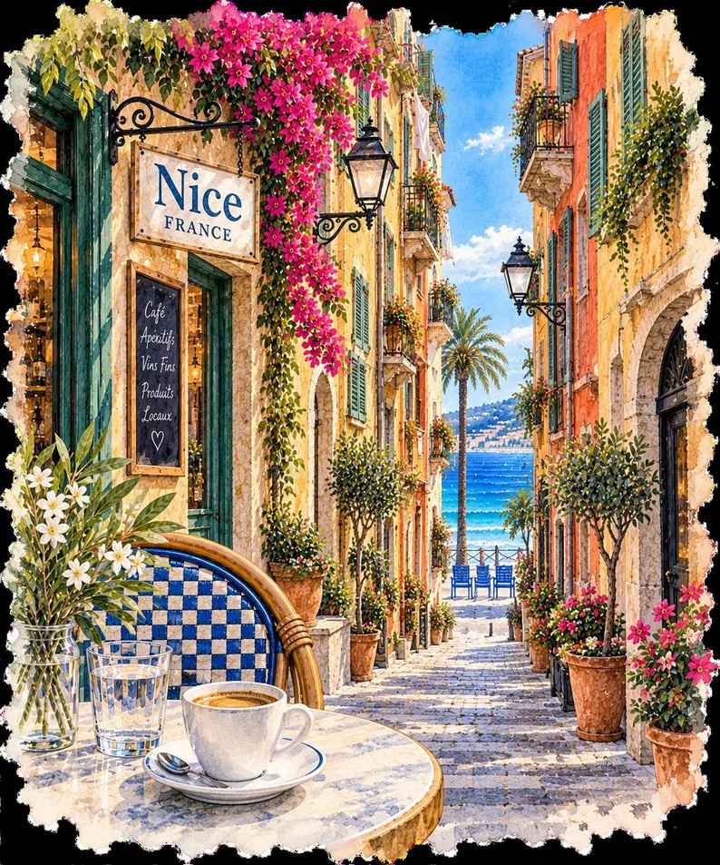 Nice France PNG, French Riviera Watercolor, C\u00f4te d\u2019Azur Travel PNG, Nice France Wall Ar... | Etsy (Global)