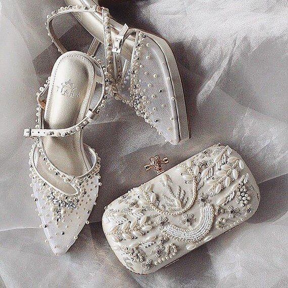 Ivory White Women Wedding Shoes With Pearl and Crystal Classic | Etsy | Etsy (US)