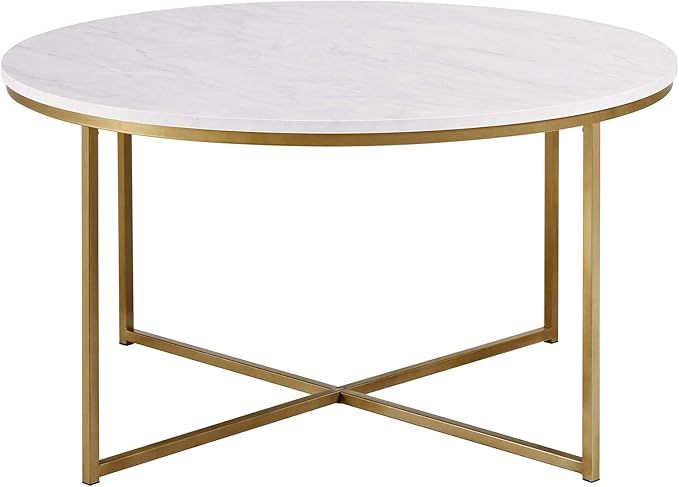 Walker Edison Cora Modern Round Faux Marble Top Coffee Table with X Base, 36 Inch, Marble and Gol... | Amazon (US)