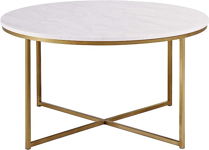 Walker Edison Cora Modern Round Faux Marble Top Coffee Table with X Base, 36 Inch, Marble and Gol... | Amazon (US)