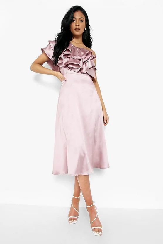 Tall One Shoulder Ruffle Satin Midi Dress | Boohoo.com (US & CA)