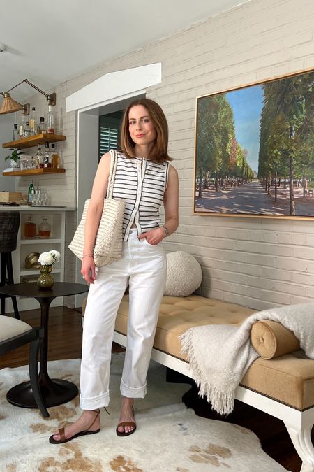 White jeans for summer
Fran Agolde 
Striped knit vest Madewell
Ivory woven leather tote madewell 
Brown wrap sandals j.crew

#LTKShoeCrush #LTKItBag #LTKStyleTip